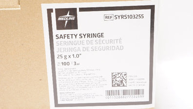 Medline SYRS103255 Safety Syringe 25g x 1.0inch - Box of 100
